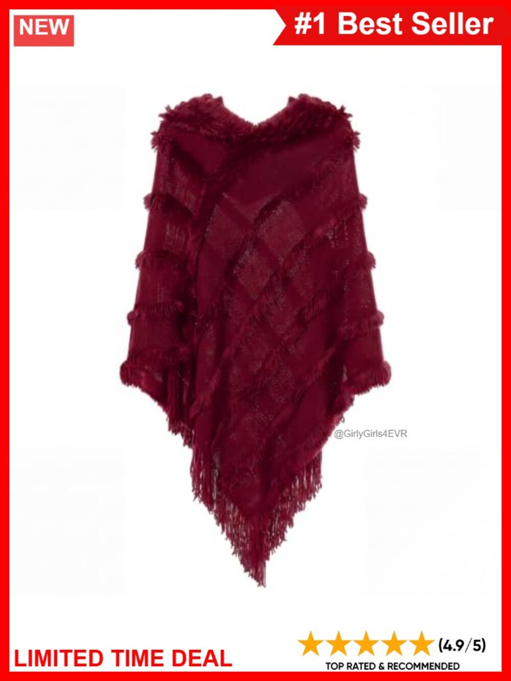 Fuzzy Knit Hooded Poncho Sweater Fringe Cape Shawl Wrap